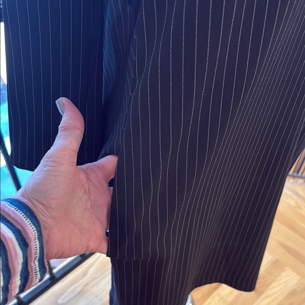 ELM Pinstriped Black Dress with Mandarin Collar and Bishop Sleeves - Picture 7 of 11